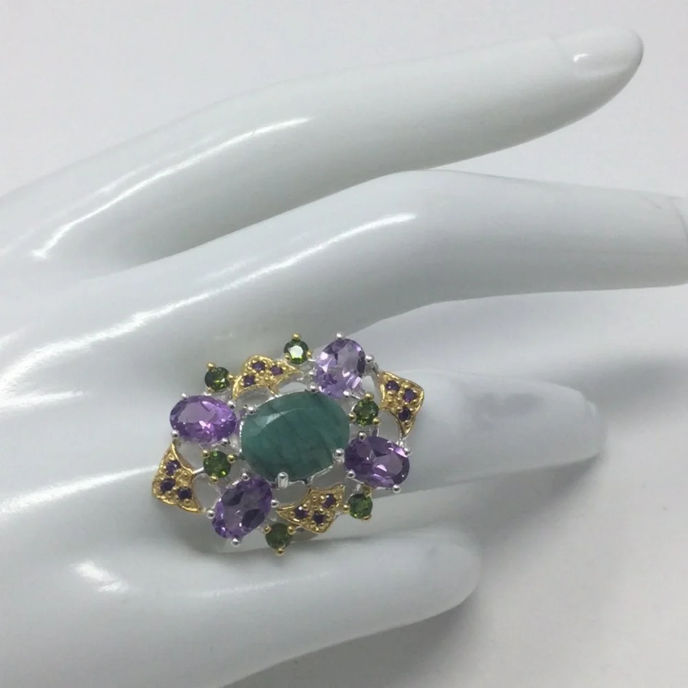 Genuine Natural Emerald & Amethyst Ring - Picture 4 of 7